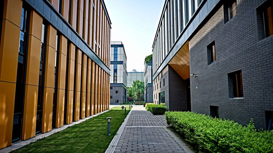 Critical thinker walking away from high-tech campus toward open nature trail
