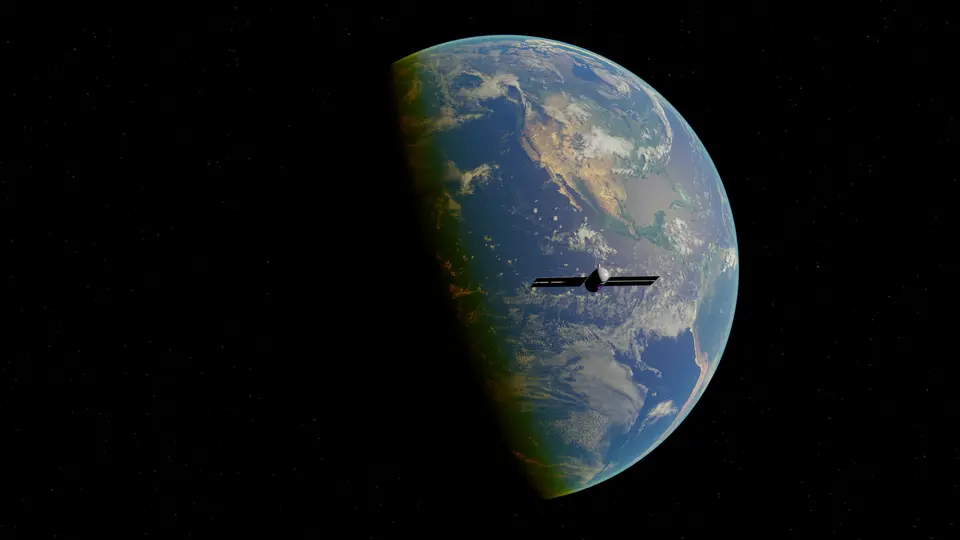 Massive orbital manufacturing facility station glowing in low Earth orbit at sunrise