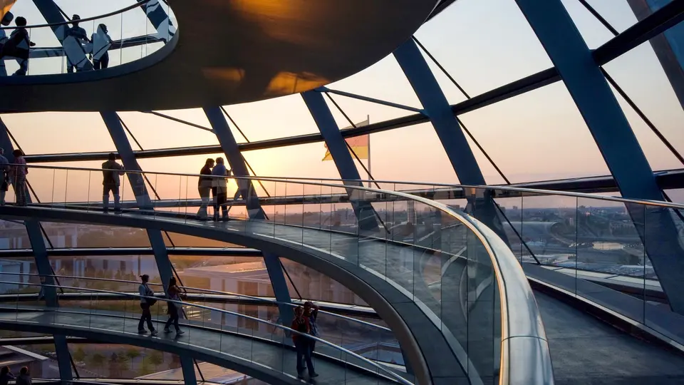 Futuristic smart city skyline at dusk with glowing neon connections