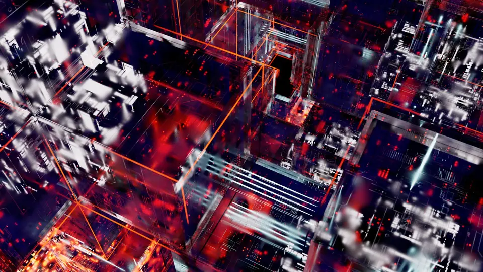 Holographic neural network data stream floating above digital glass table